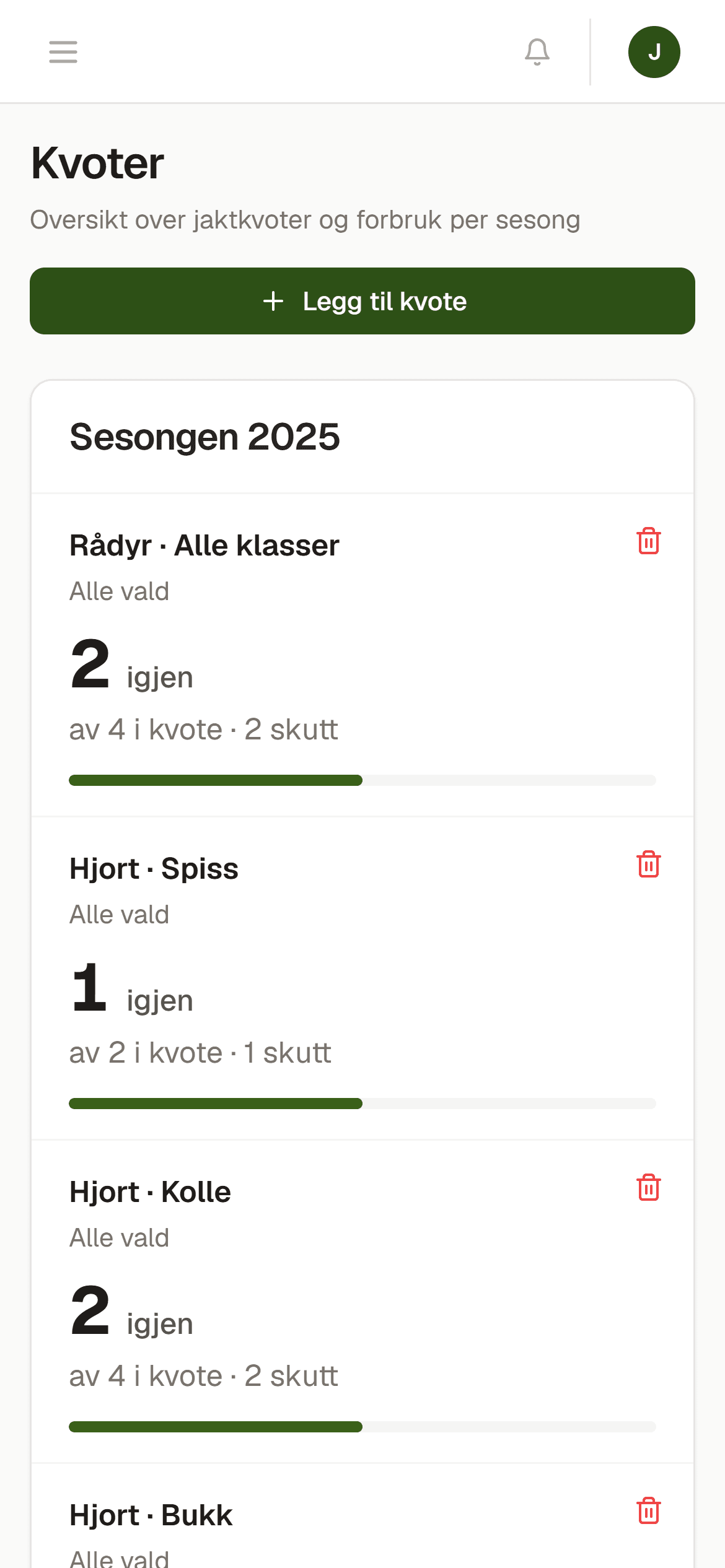 Kvotene i Jaktportal som kort: art, klasse og hvor mange dyr som står igjen