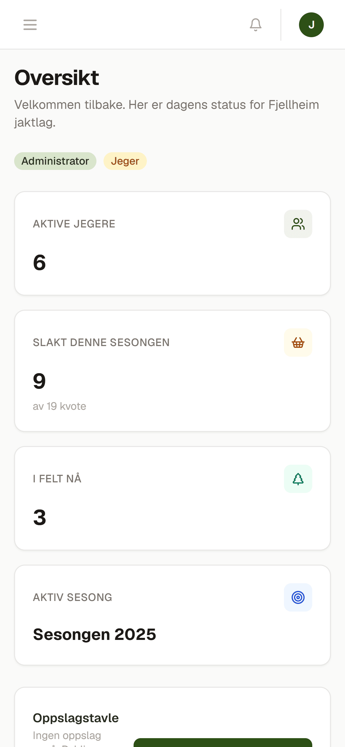 Oversikten i Jaktportal: statuskort for jegere, fellinger mot kvote og hvem som er i felt