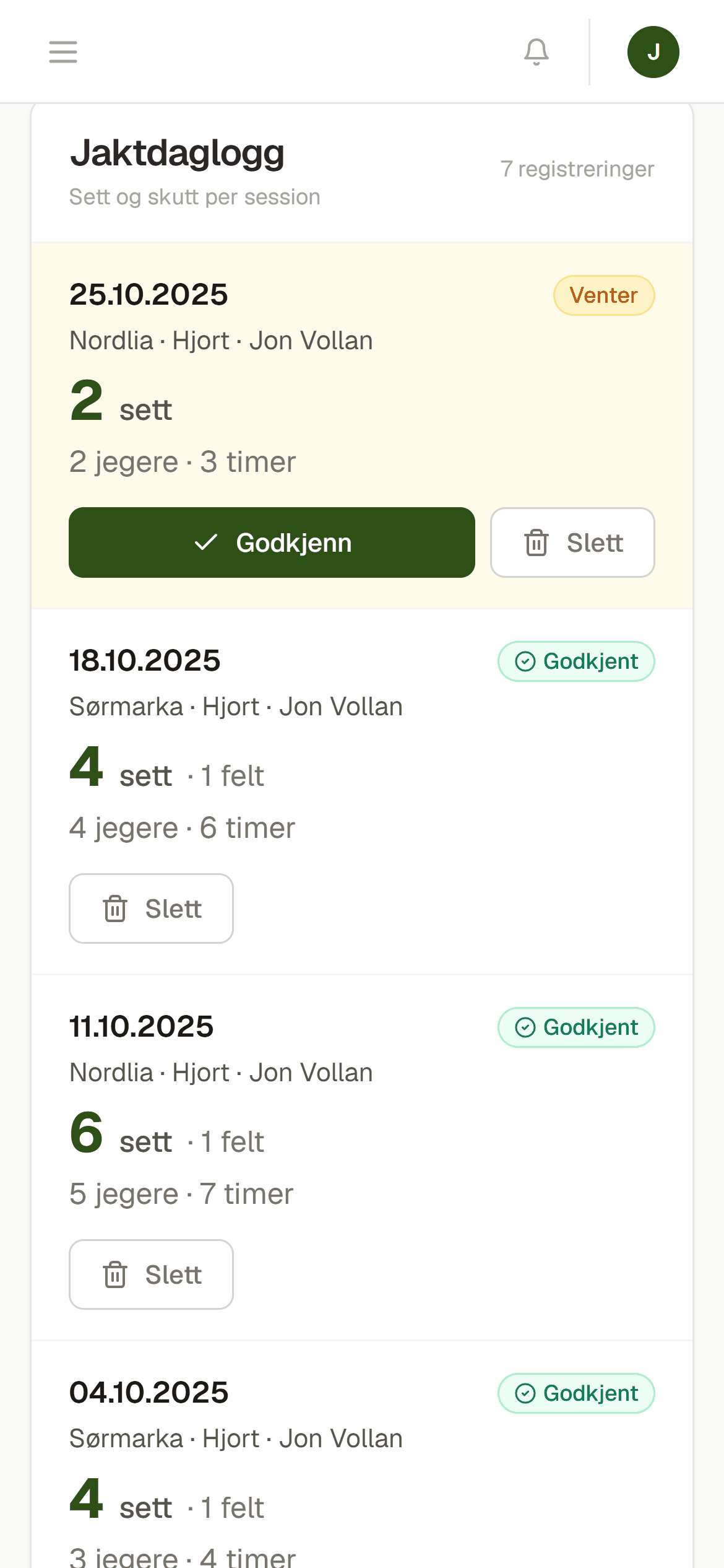Sett og skutt i Jaktportal: jaktdager med observasjoner gjennom sesongen