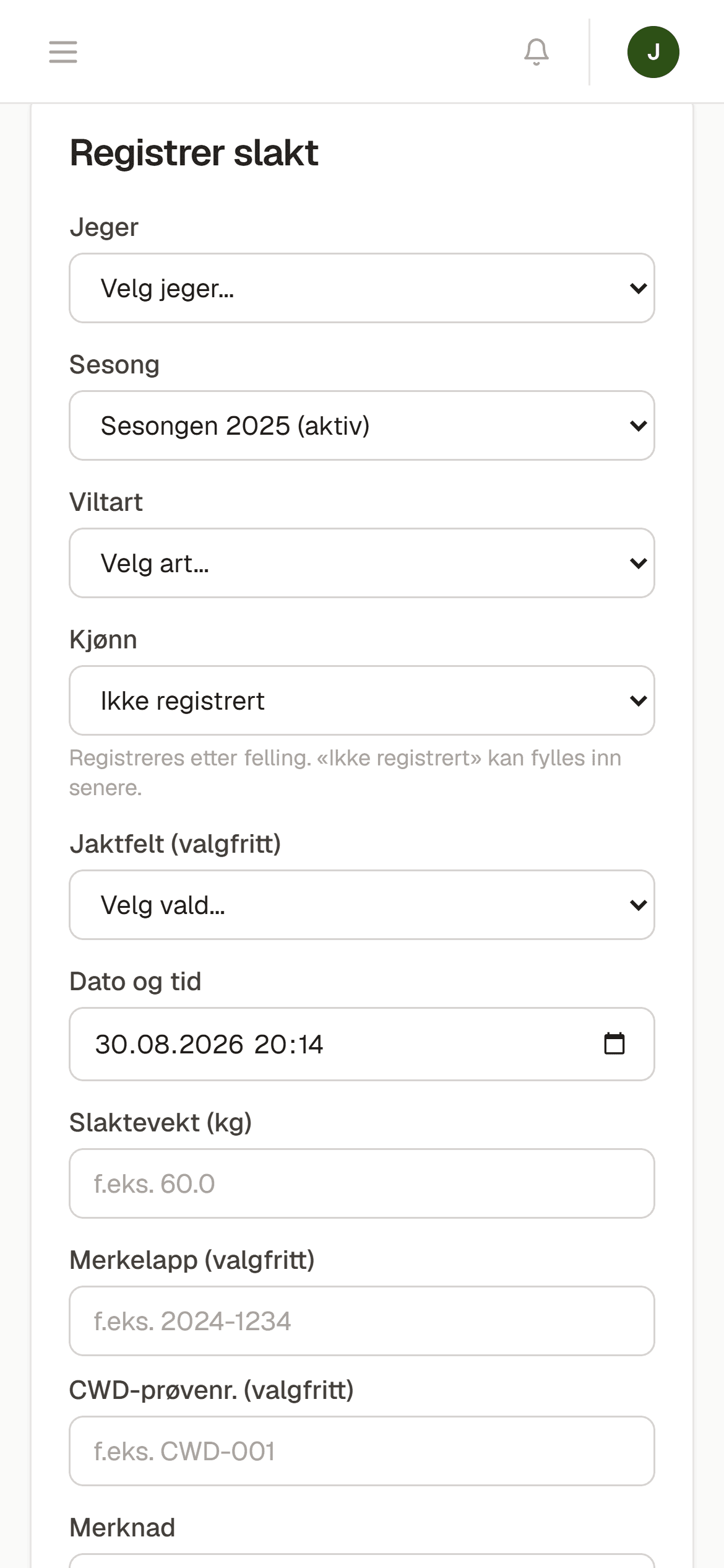 Slakteregistrering i Jaktportal: felte dyr med slaktevekt og klasse